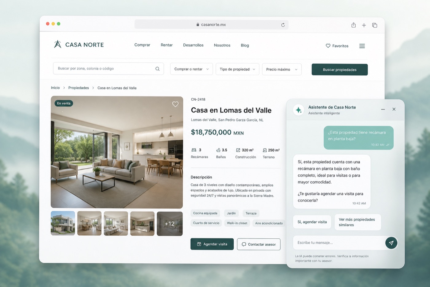 Widget IA web instalado en la landing de una inmobiliaria cualificando visitantes